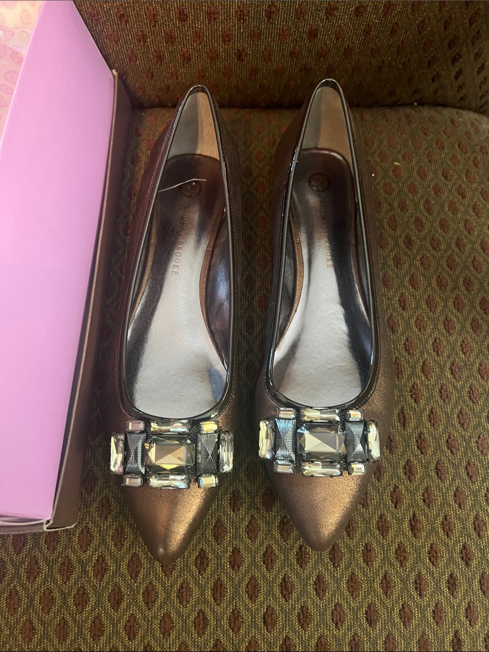 Audrey Brooke Metallic Bronze Pointed Toe Flats with Crystal Buckle S114